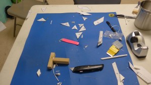 Cutting workstation with stencil debris field